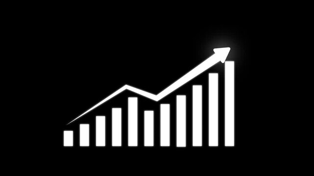 White bar chart with an upward trend arrow isolated on a black background representing financial growth and positive business performance metrics