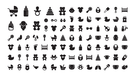Minimalist baby icon set, black solid newborn symbols vector collection, infant care and nursery silhouette graphics for parenting apps © Toqeer