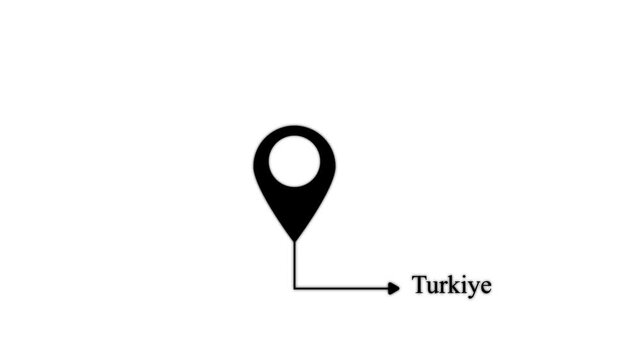 Black map location pin with a directional arrow pointing to the text label turkiye on a solid white background for navigation and maps