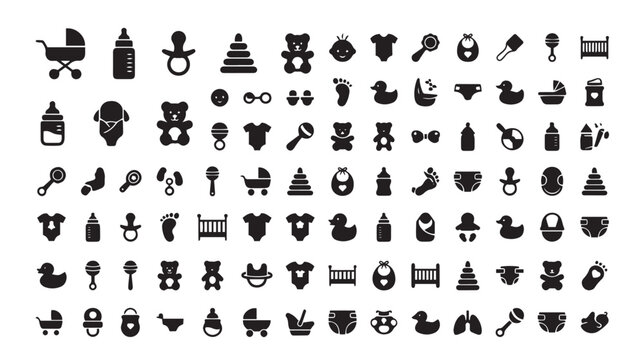 Minimalist baby icon set, black solid newborn symbols vector collection, infant care and nursery silhouette graphics for parenting apps