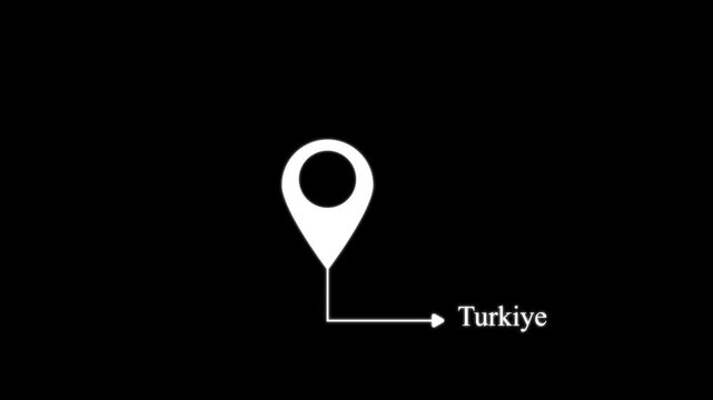 White map location pin with a directional arrow pointing to the text label turkiye on a solid black background for navigation and maps