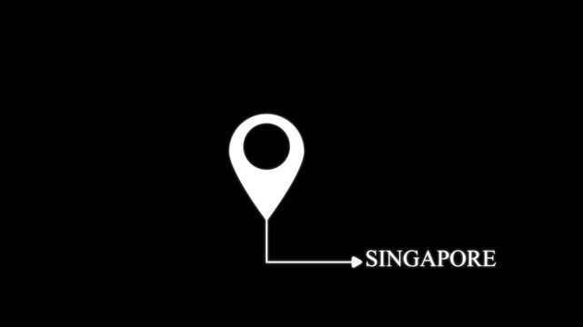 White map location pin pointing to the text singapore on a solid black background for navigation and travel destination mapping concepts
