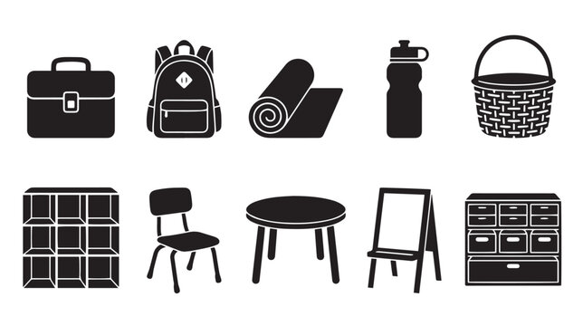 Minimalist school supplies and classroom furniture icons, set of 10 black silhouette vector elements, education equipment and kindergarten interior objects