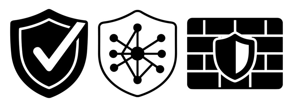 Set of black and white shield icons representing security concepts including protection, network security, and firewall on transparent background