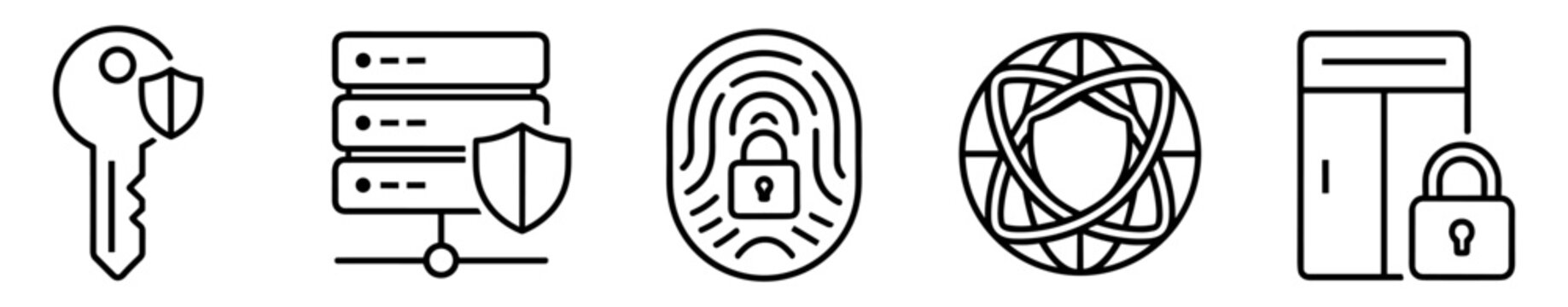 Set of cybersecurity icons including key shield, secure server, fingerprint lock, global shield, and locked card illustration on transparent background