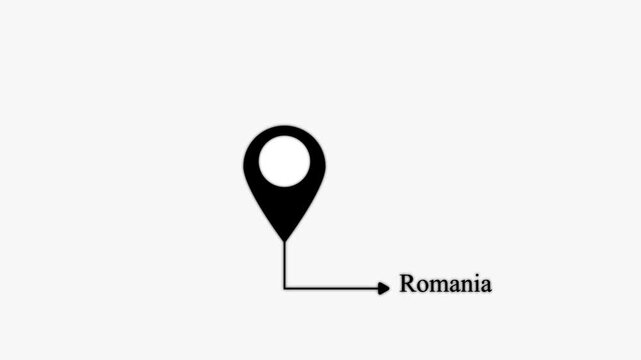 Black map location pin pointing to the text romania on a plain white background for navigation and travel mapping concepts