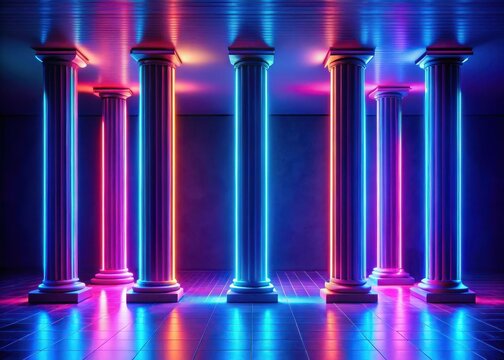 Three tall pillars stand together under vibrant neon lights creating a stunning ambiance
