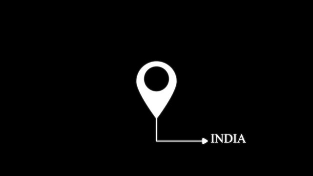 White map location pin pointing to the text india on a plain black background for navigation and travel mapping concepts