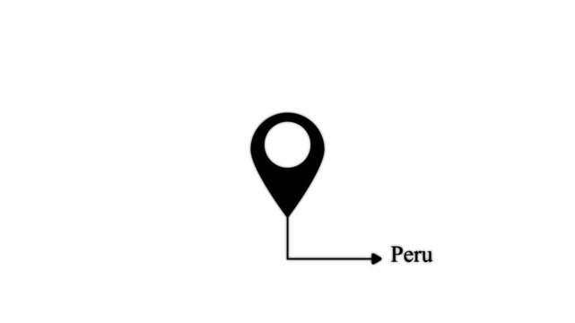 Black map location pin pointing to the text peru on a plain white background for navigation and travel mapping concepts