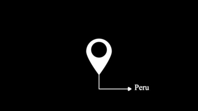 White location pin pointing to the word peru with a directional line on a black background for geographic mapping and travel navigation concepts