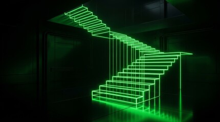 Obraz premium A glowing green neon staircase rises in a dark room.