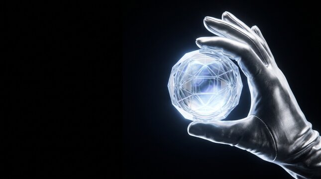 Hand holding glowing crystal ball for fortune telling. Mystical palm reading with illuminated orb for divination and future predictions.