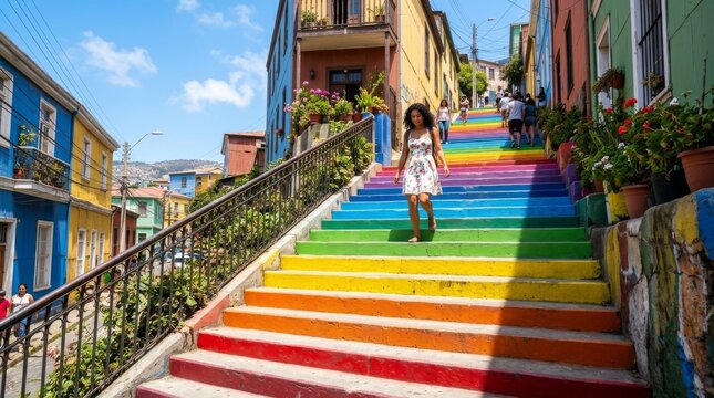 A woman in a floral dress walks down rainbow colored stairs.