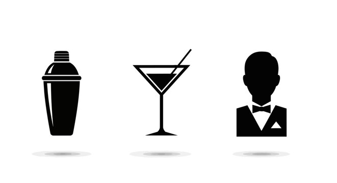 Cocktail Bar Icon Set: Shaker, Martini Glass, Bartender Silhouette