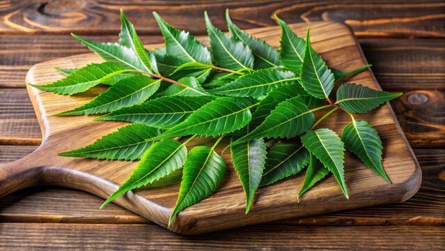 Fresh green neem leaves with vibrant green color and intricate veins on a wooden cutting board