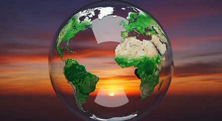 Transparent Glass Globe Showing Continents at Colorful Sunset Sky