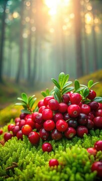 Dense cluster of red lingonberries and cranberries amidst lush green moss in a misty forest environment