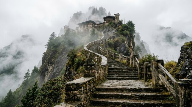Winding stone stairs lead to a misty mountain fortress.