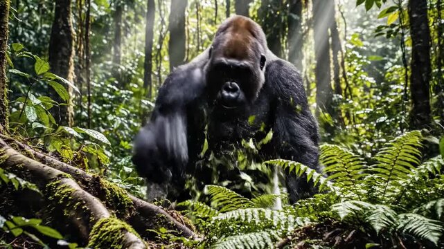 A mighty silverback gorilla walks through the dense rain forest foliage as sunlight filters through the lush tropical canopy to illuminate the powerful creature moving across the fern filled
