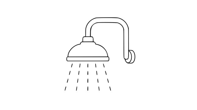 Minimalist shower head vector icon illustration, clean black outline design showing water spray from a bathroom fixture, perfect for plumbing, hygiene, home renovation, and interior design concepts.