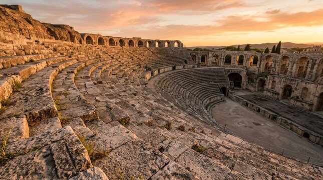 An ancient stone amphitheater sits in sunset light with arches.
