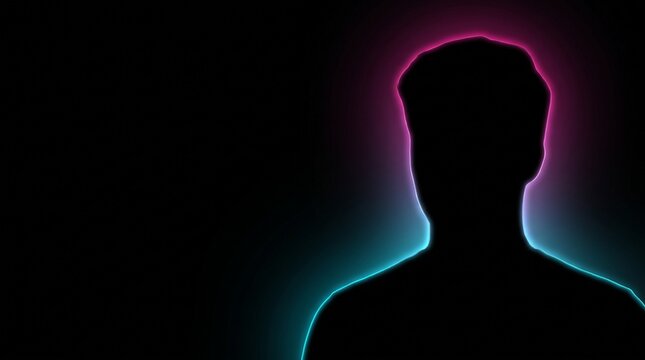 Human silhouette with glowing energy aura. Mysterious dark profile illuminated by vibrant neon light effects.