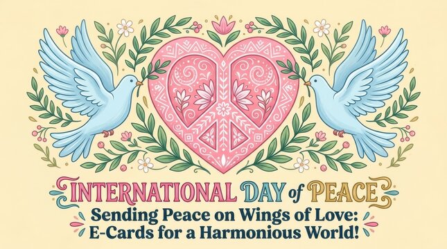 International Day of Peace celebration card with heart and doves. Global harmony greeting design featuring love, unity, and hope symbols.