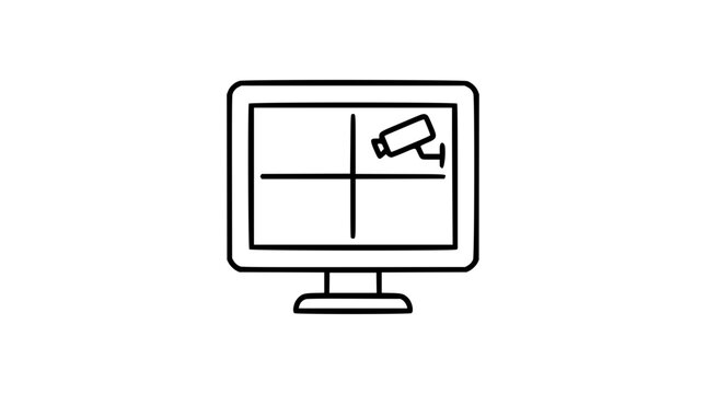 Security surveillance monitor vector icon illustration, minimalist line art of a CCTV screen displaying camera feed, isolated on white background for safety, monitoring, and technology design