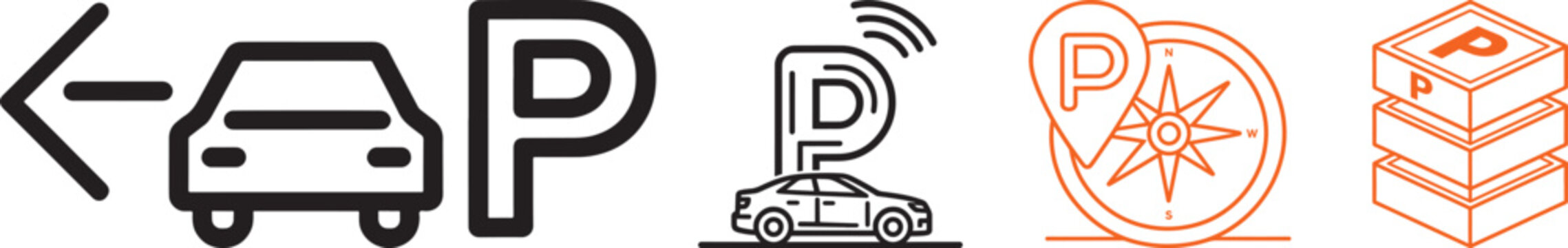 Car parking vector icon set featuring directional arrow smart sensor compass navigation and multi level garage symbols