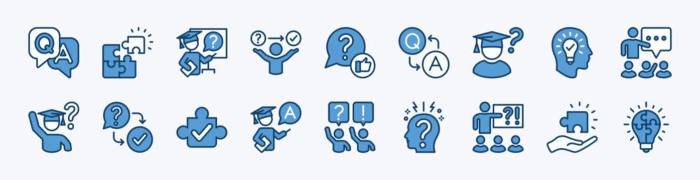 Set of problem solving icon. Contains question and answer, puzzle, creative idea, question, brainstorm, planning strategy, solution, communication speech bubble, presentation - illustration