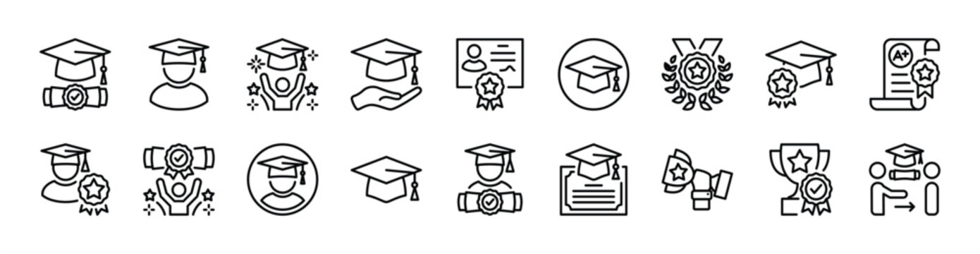 Graduation cap icon set. Contains mortarboard, diploma, success, achievement, academic, university, college, school, student, graduate, degree, ceremony, celebration, trophy, medal vector illustration