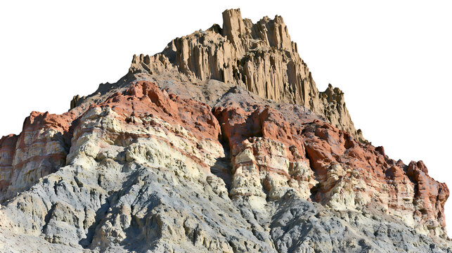 A rugged mountain peak with layered rock formations on transparent background