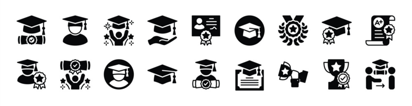 Graduation cap icon vector set. Contains diploma, mortarboard, college, academic, success, achievement, university, school, student, graduate, degree, ceremony, celebration, trophy, medal illustration