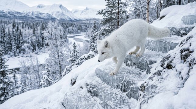A white wolf steps down a snowy rocky ledge in winter.