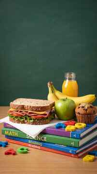 A healthy school lunch with a sandwich, apple, bananas, muffin, juice, and books, set against a chalkboard background.