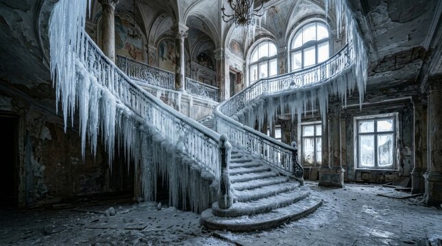 A frozen grand staircase curves through a decaying mansion filled with icicles.