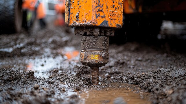 Heavy construction equipment drilling into mud filled ground at a work site showcasing industrial