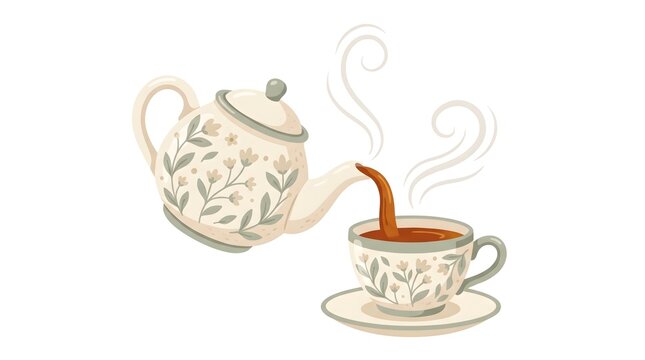 Warm flat vector of a small ceramic teapot pouring tea into a matching cup, gentle steam swirl lines rising, soft sage green and cream floral pattern accents on the teapot, white background, no text, 