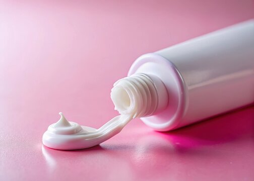 Close-up of toothpaste on pink background with a squeeze of tube