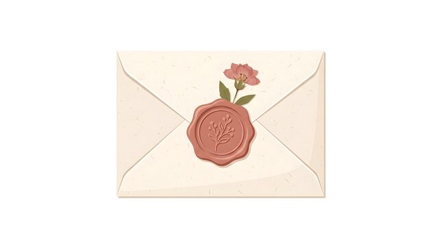 Charming flat vector of a small cream envelope with a wax seal stamp and a tiny pressed flower tucked under the flap, warm dusty rose and cream palette, white background, no text, no brand, snail mail