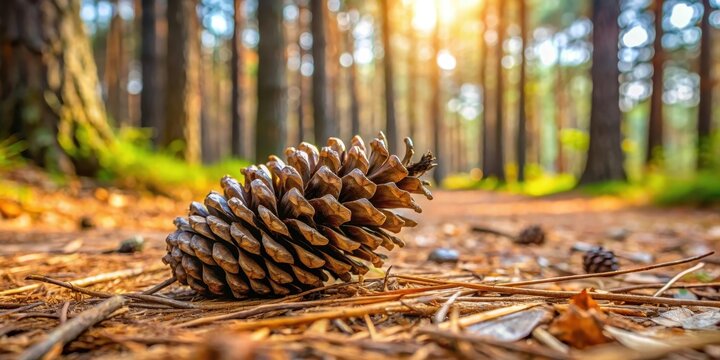 Large dry cypress pine cone lying on a forest floor with fallen seeds scattered around it