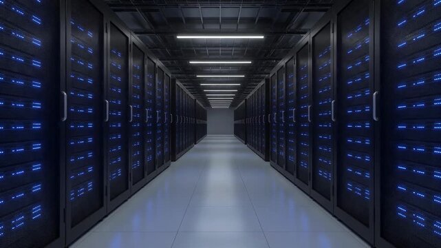 A long, dark corridor filled with rows of server racks in a data center.