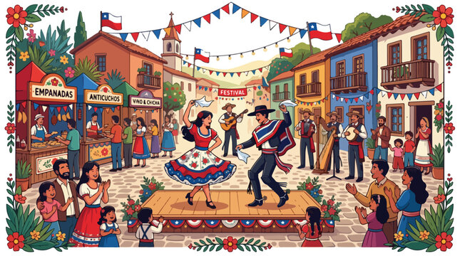 A couple performing the traditional Chilean cueca dance on a wooden stage.