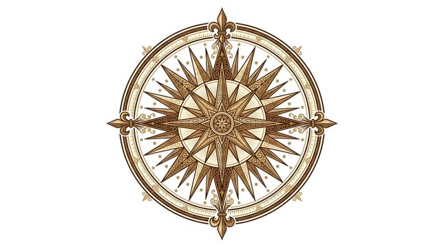 Elegant flat vector of a vintage style compass rose, ornate pointed star design with cardinal direction markers, warm sepia and gold palette, simple circular border, white background, no text, no bran