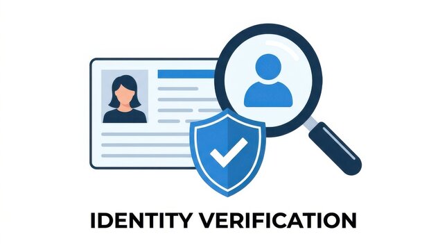 Identity verification process with digital approval checkmark. Secure online authentication using magnifying glass on user profile icon.