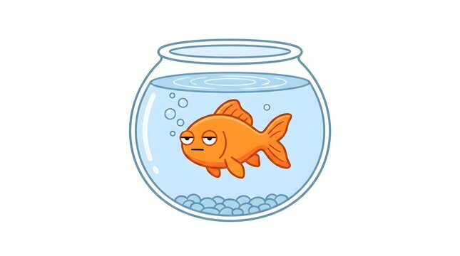 Playful bold flat vector of a goldfish swimming in a round bowl with a deadpan bored expression, vivid orange body, simple bubble accents, white background, no text, no brand, relatable humor concept,