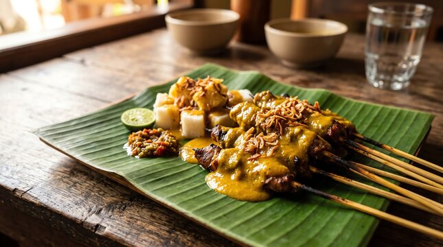 Indonesian sate padang skewers coated in thick yellow curry sauce and rice cakes on banana leaf over rustic table