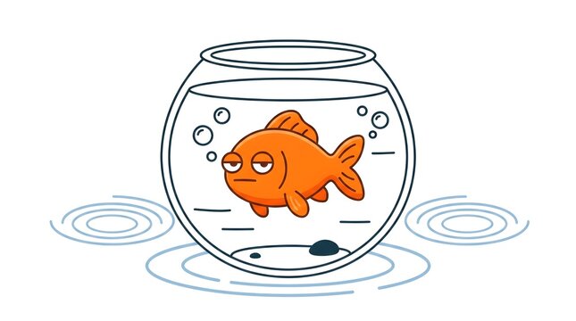 Playful bold flat vector of a goldfish swimming in a round bowl with a deadpan bored expression, vivid orange body, simple bubble accents, white background, no text, no brand, relatable humor concept,