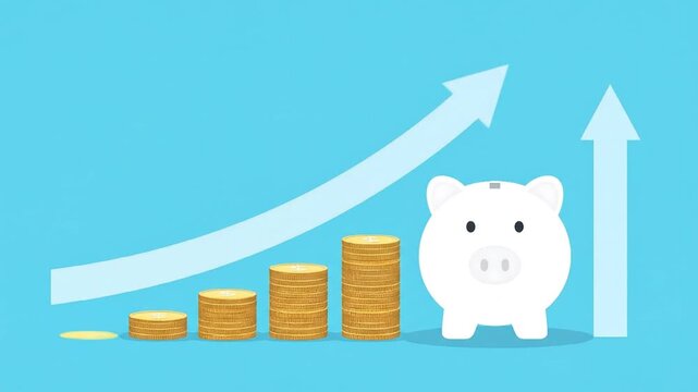 Piggy bank with growing financial arrows.