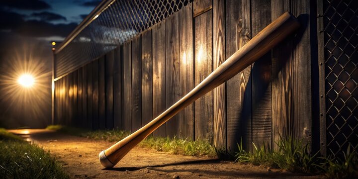 Baseball bat leaning against dark wooden fence